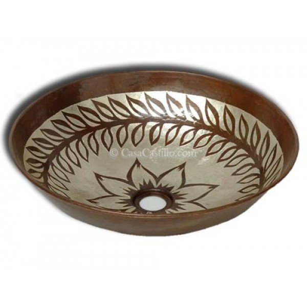 Hand Painted Copper Vessel Sink Round Flowers and Leaves