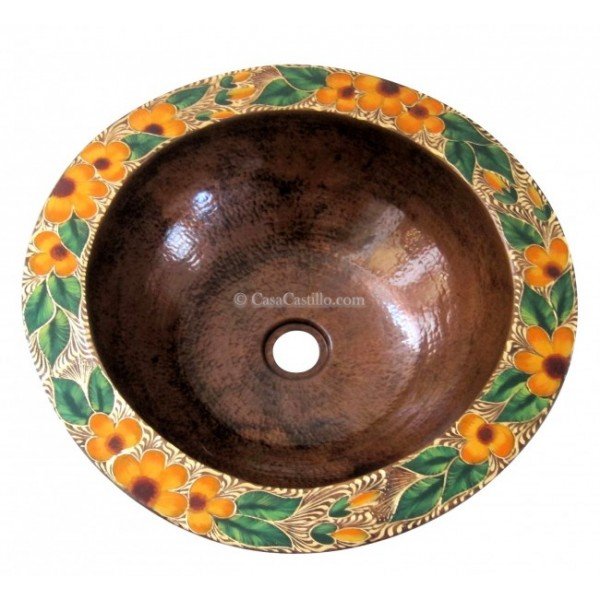 Hand Painted Copper Sink Round Orange Blossoms